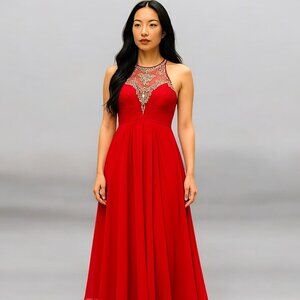 Women's BRIGHT RED DRESS with Crystals - Approx. 60" LONG - Approximately SMALL